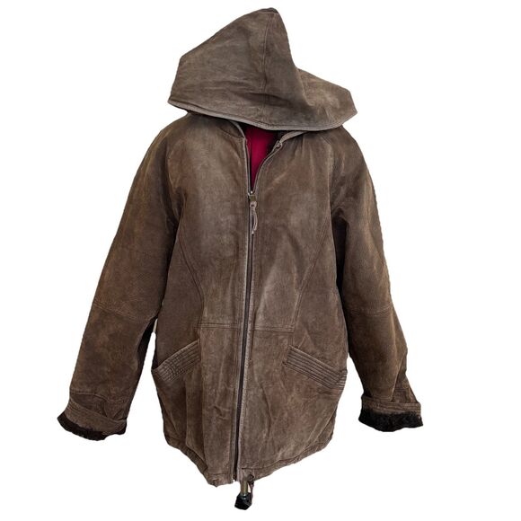 Charles Klein Coat Suede Leather Faux Fur Reversible Zip Up Hooded Brown Sz M - Picture 2 of 12